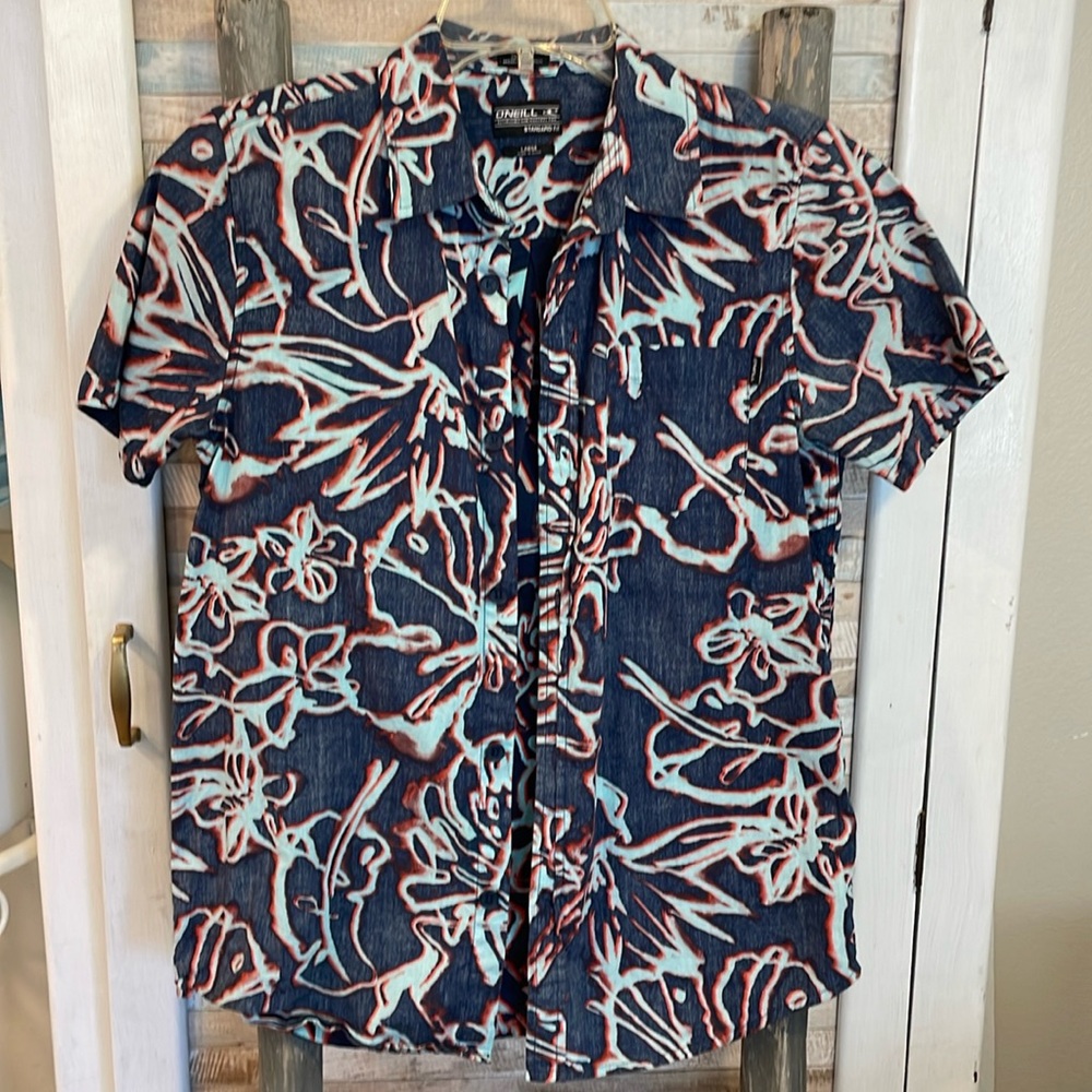 O’Neil 12-14 dress shirt, 100% cotton navy & red, light blue